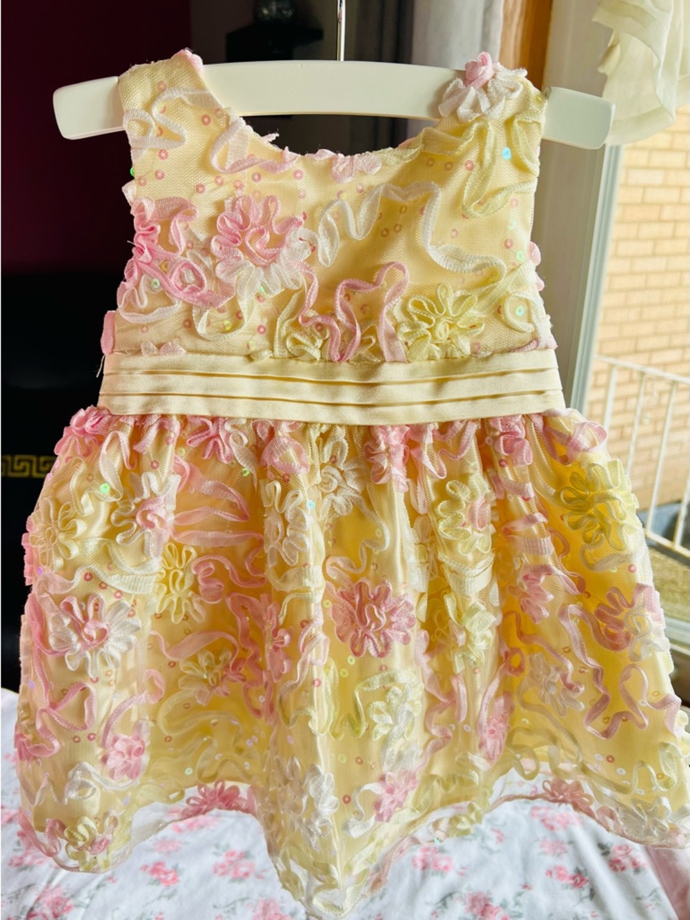 Girls Yellow & Pink Floral Lace Party Dress